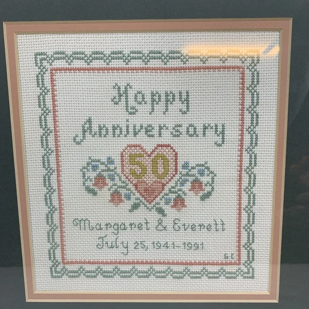 Vtg Framed Completed Cross Stitch 50th Happy Anniversary Floral Heart 12